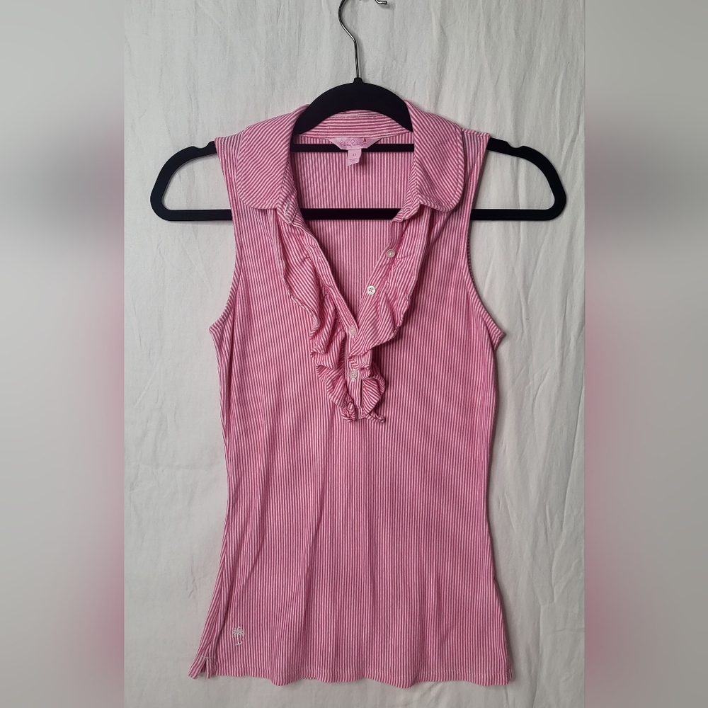 Lilly Pulitzer Drew Top Sleeveless Pink Striped Button Vneck Ruffle Top XS